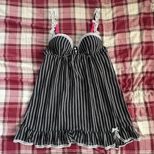 Apt. 9 Black White Vertical Striped Chemise L Slip
Dress Pink Trim Bottom Ruffle